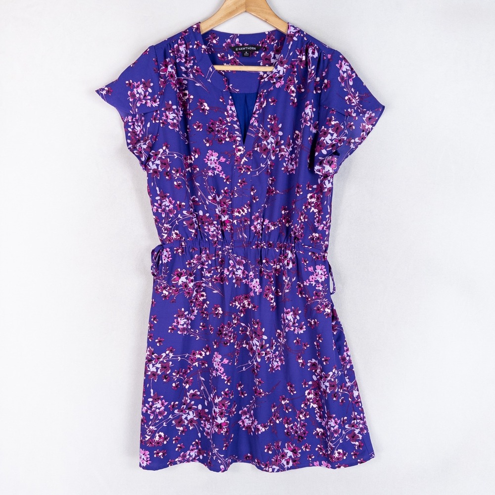 41 Hawthorn Dress Medium PETITE Blue Purple Floral Tulip Sleeve Feminine Summer